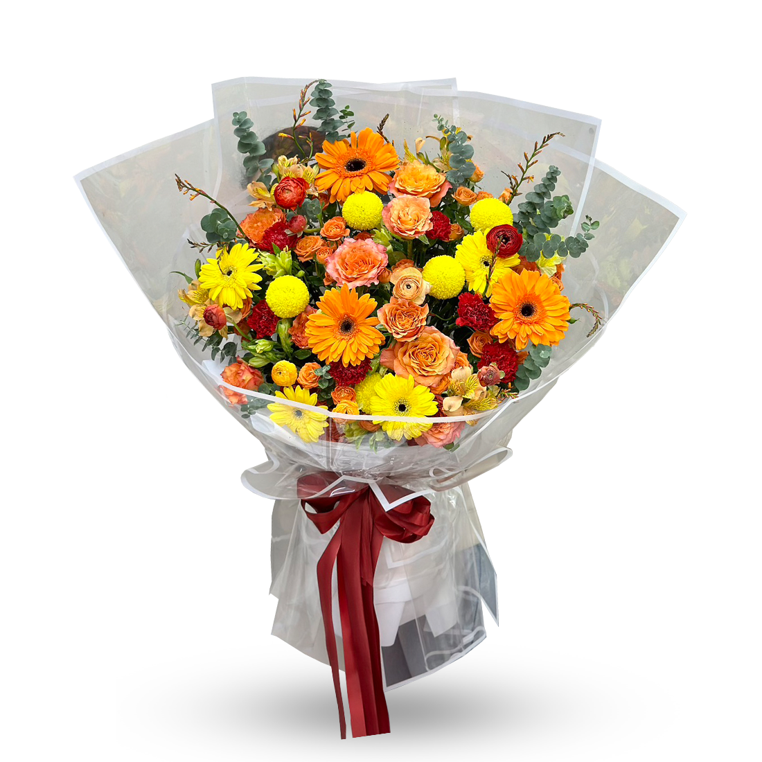 "Happy Sunshine" Bouquet of Gerberas, Roses, Chrysanthemums with Eucalyptus Leaves