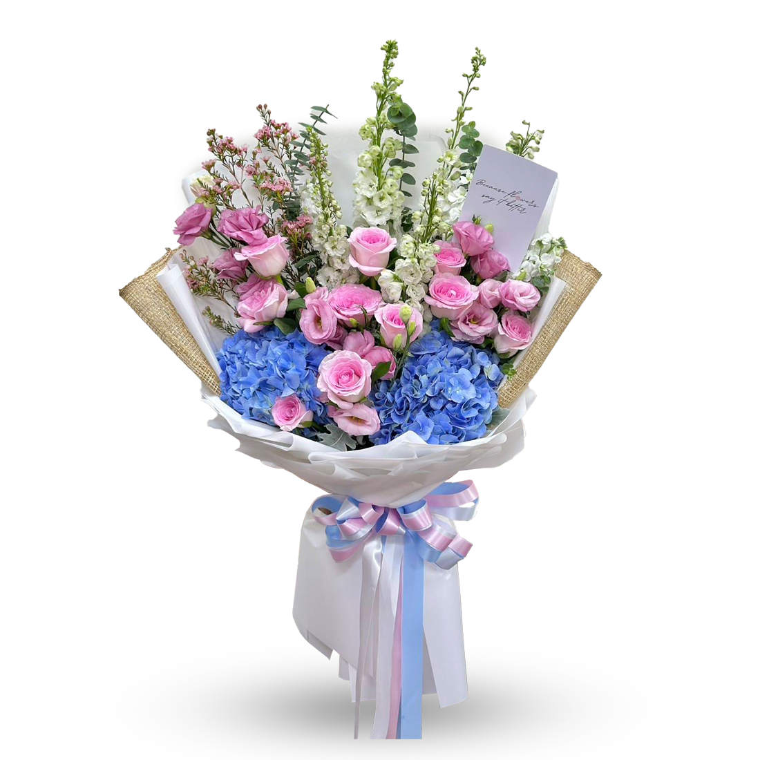 "Melts My Heart" Bouquet of Blue Hydrangea, Pink Roses, Llisianthus With White Delphiniums