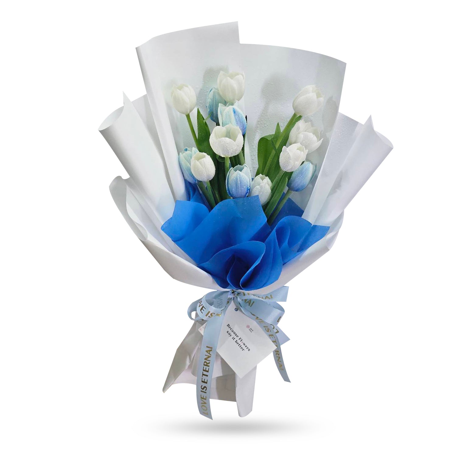 "Venus, My Goddess" Bouquet of Blue and White Tulips