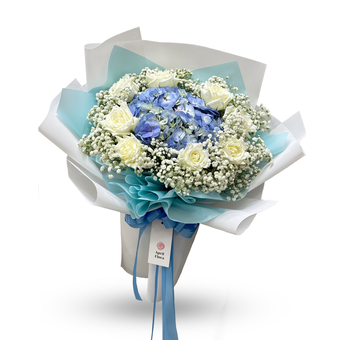 "YOU ARE MY WORLD" Bouquet of Blue Hydrangea and White Roses with Baby's Breath