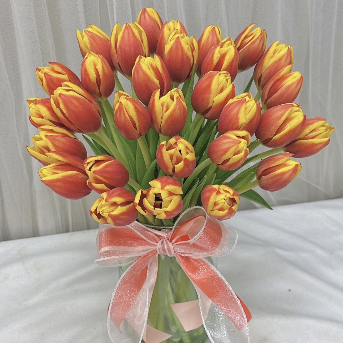 "Sun Kisses" Vase of 30 Orange Tulips