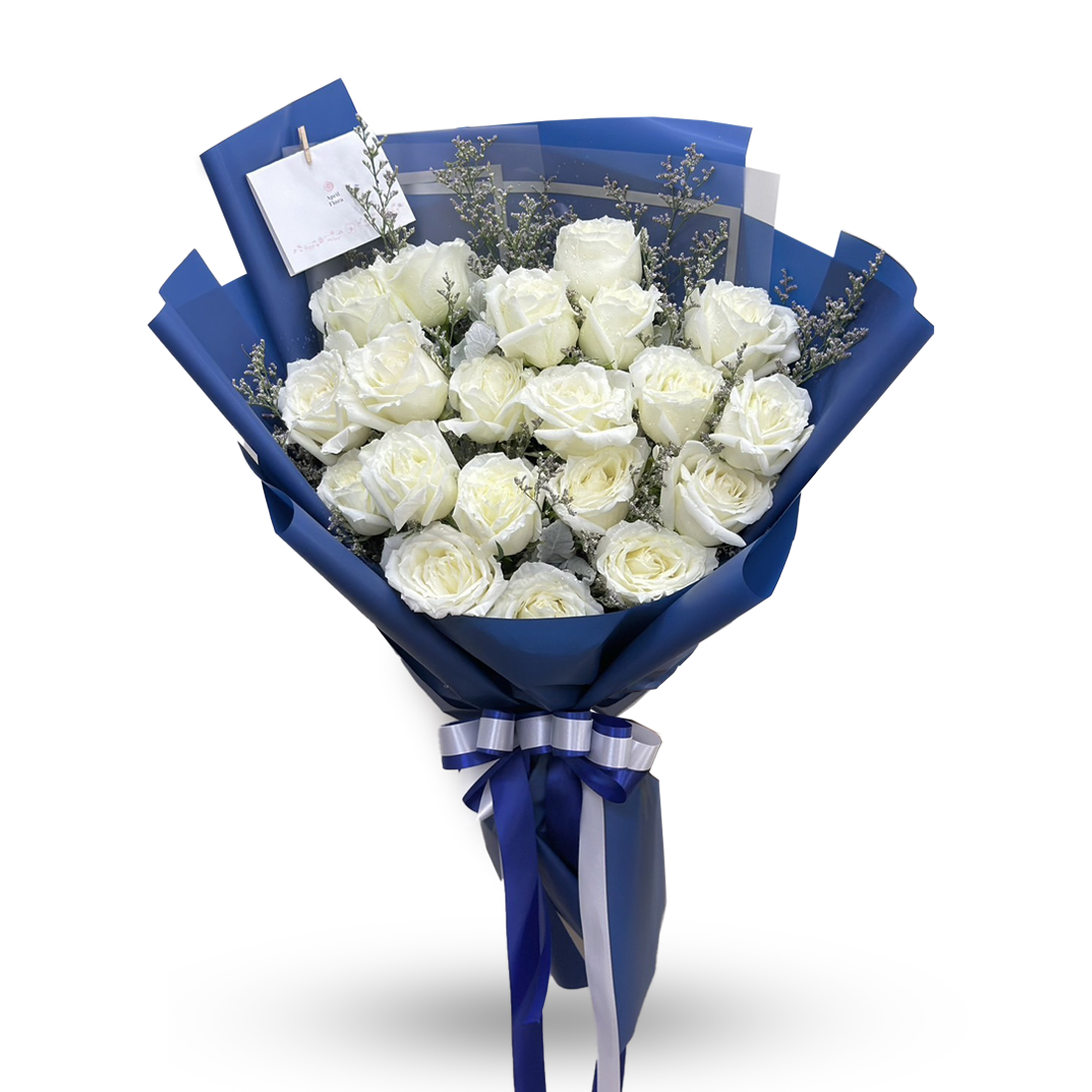 "Arctic Night " Bouquet Of 20 White Roses With Caspia