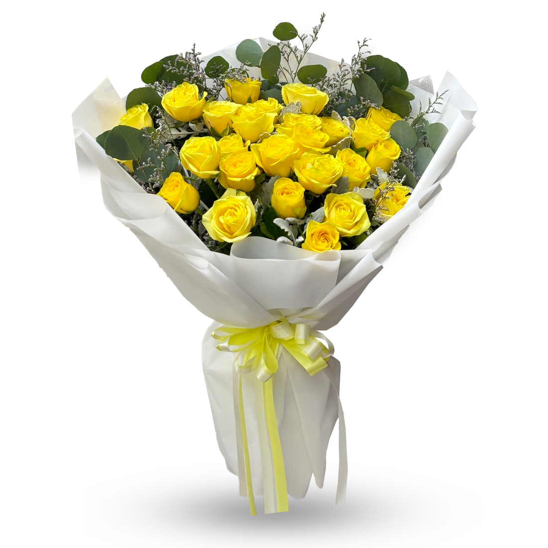 "Citrus Bliss" Bouquet Of 25 Yellow Roses with Caspia and Eucalyptus leaves