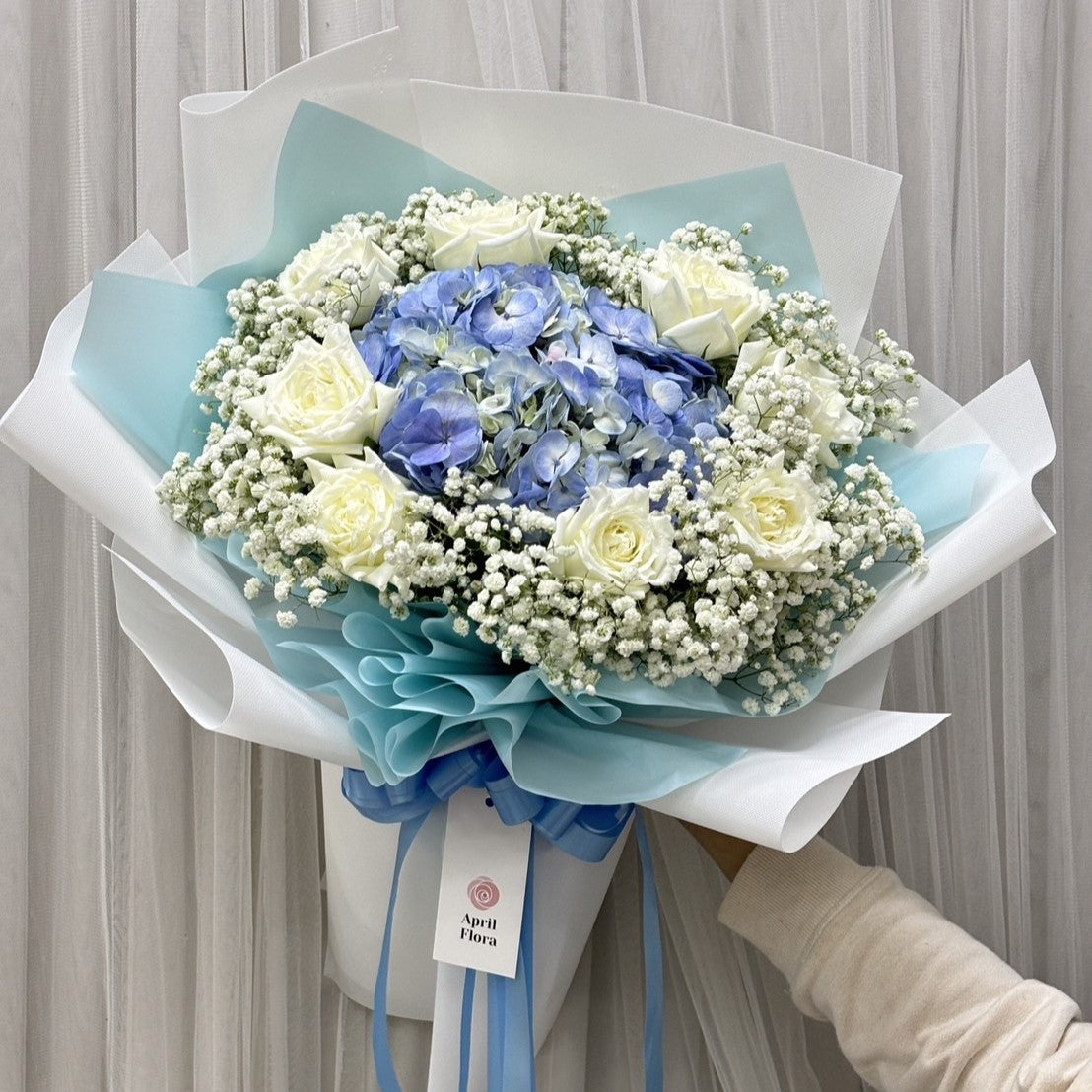 "YOU ARE MY WORLD" Bouquet of Blue Hydrangea and White Roses with Baby's Breath