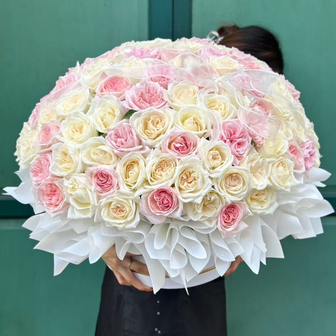 "Sugar Baby" 100 White and Pink Roses in Box