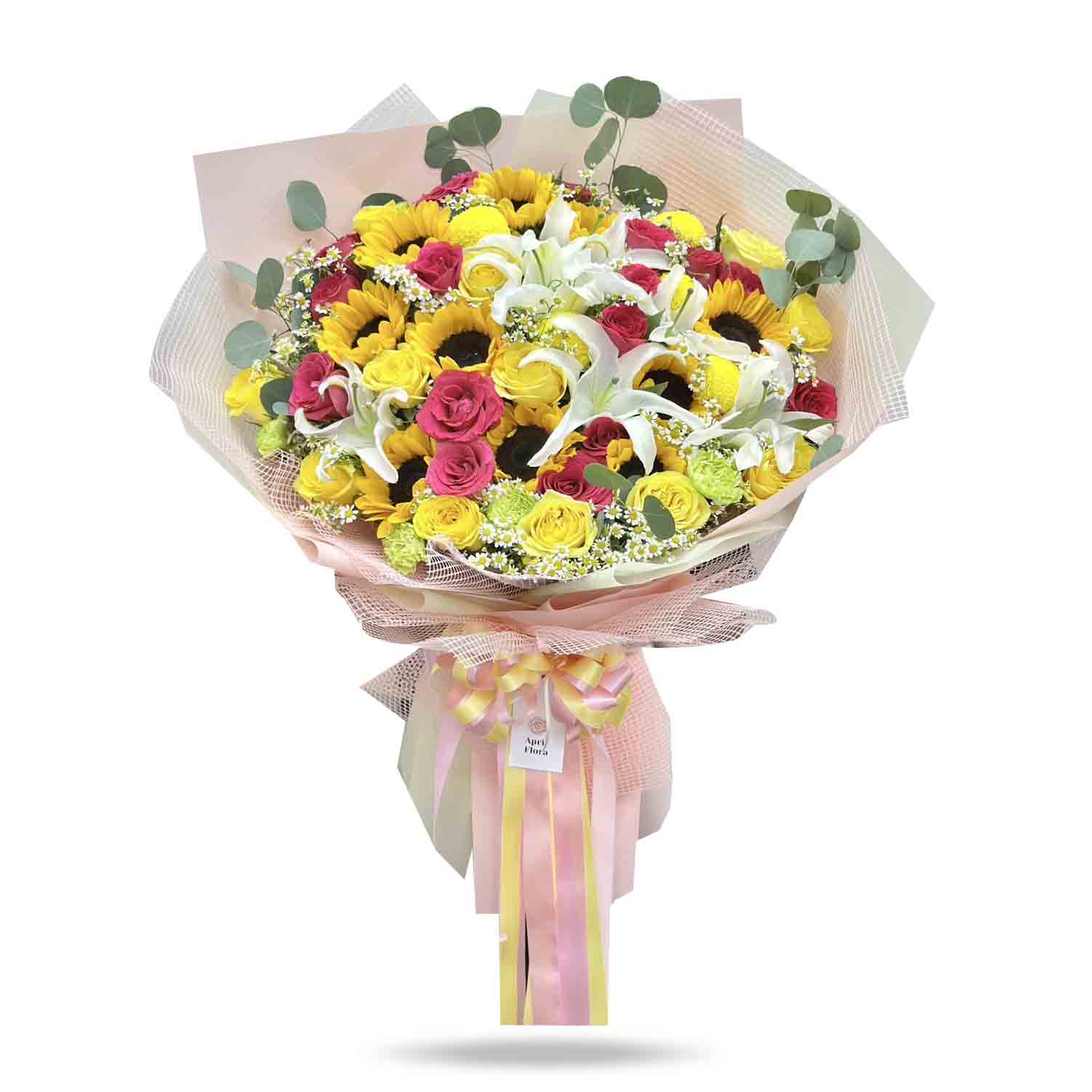 "Blooming Glow" Bouquet of Lily, Sunflower, Rose, Carnation and Daisy With Eucalyptus Leaves