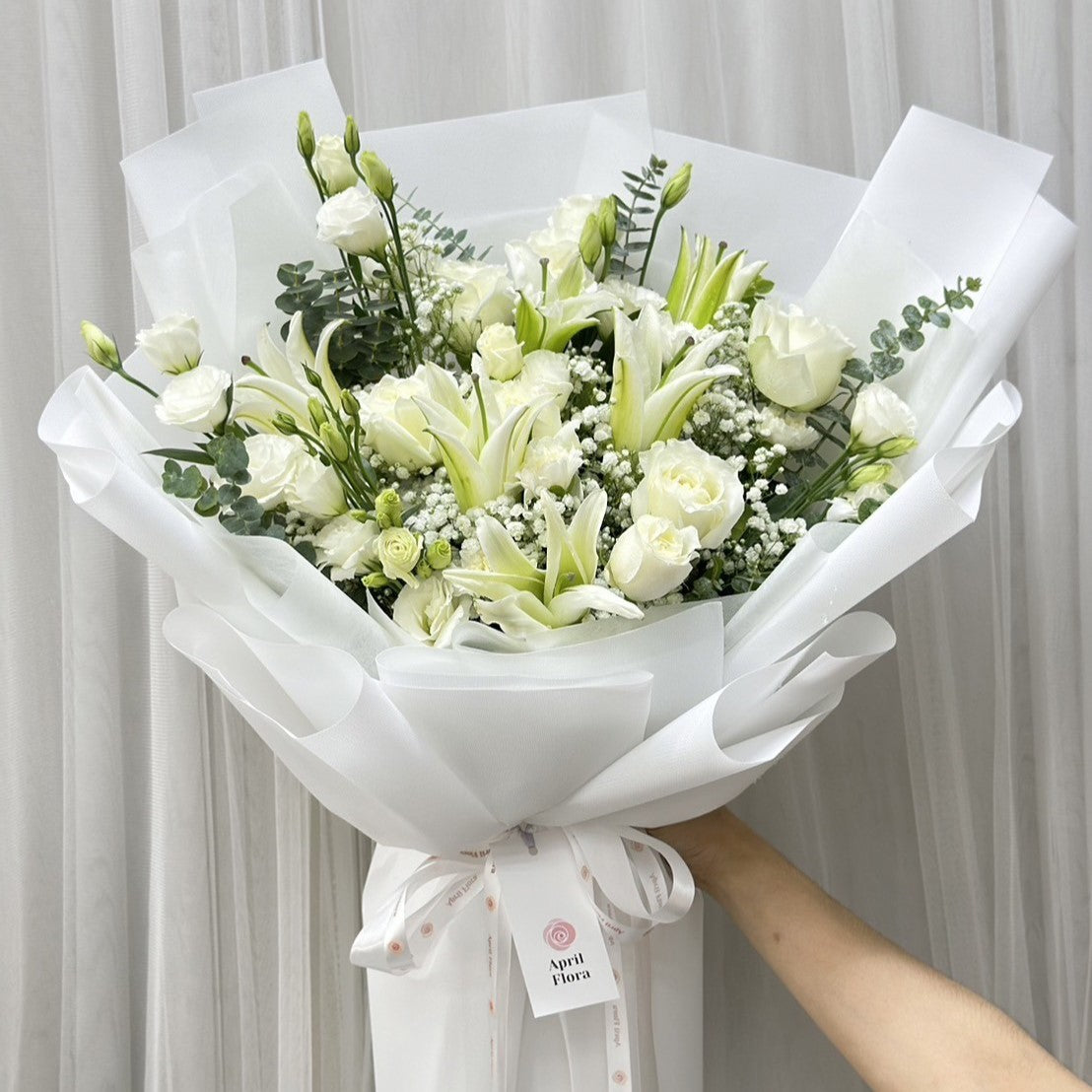 "Snow Bunny" Bouquet of White Lilies and White Roses