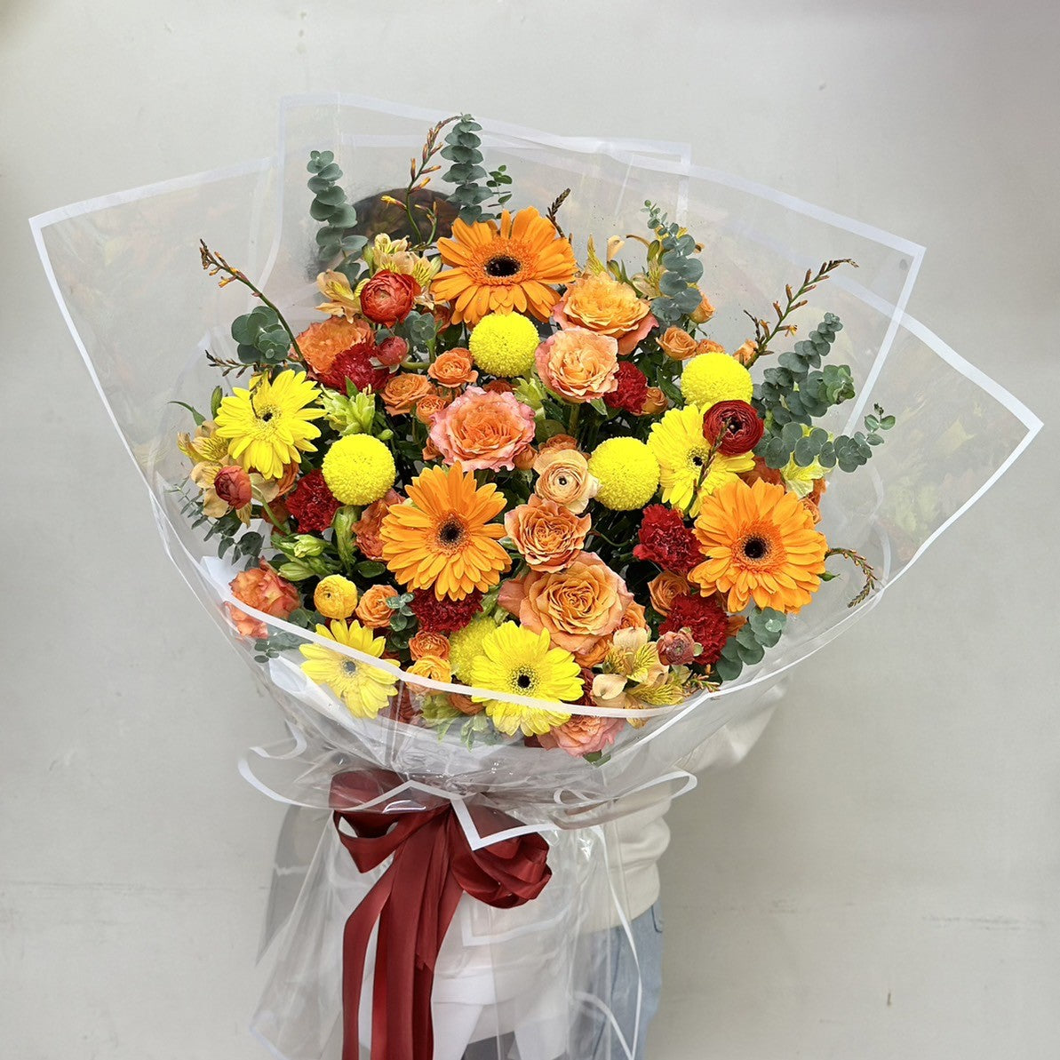 "Happy Sunshine" Bouquet of Gerberas, Roses, Chrysanthemums with Eucalyptus Leaves