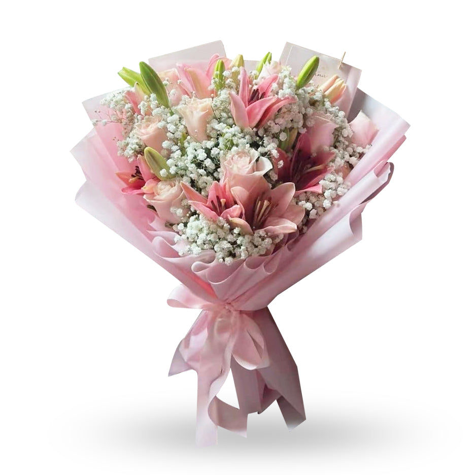 "Whispers of Pink" Bouquet of Pink Lilies and Pink Roses